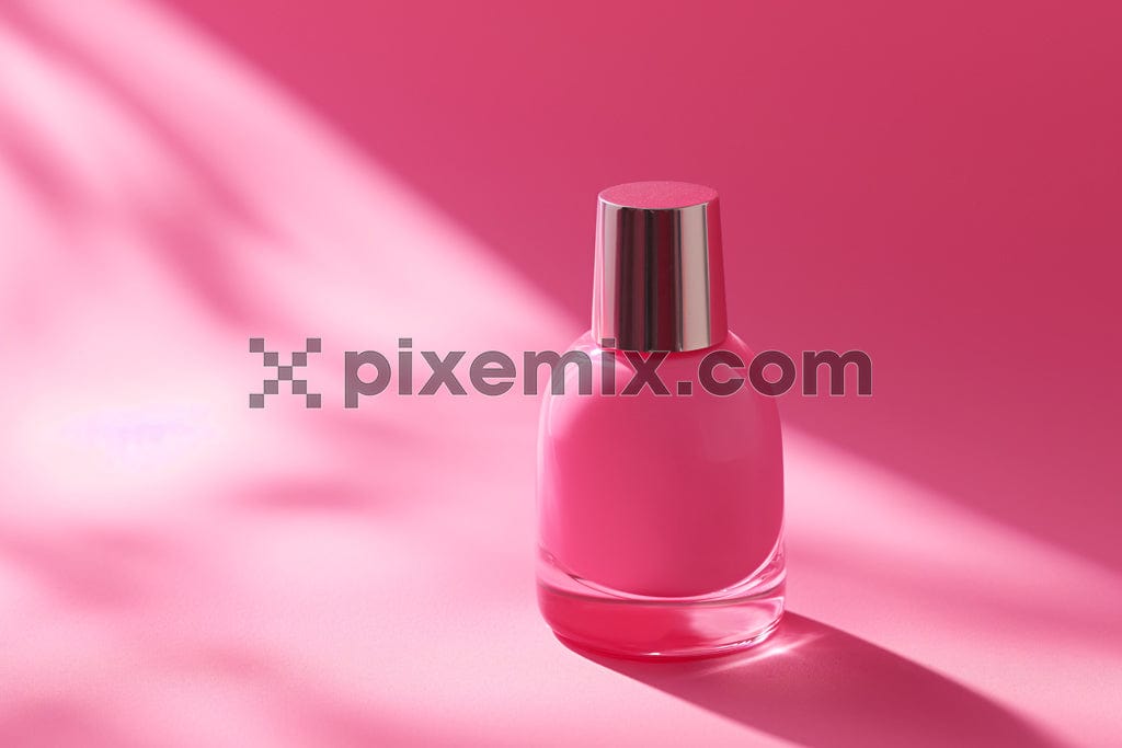 The image shows the nail polish bottle mockup on a pink background.