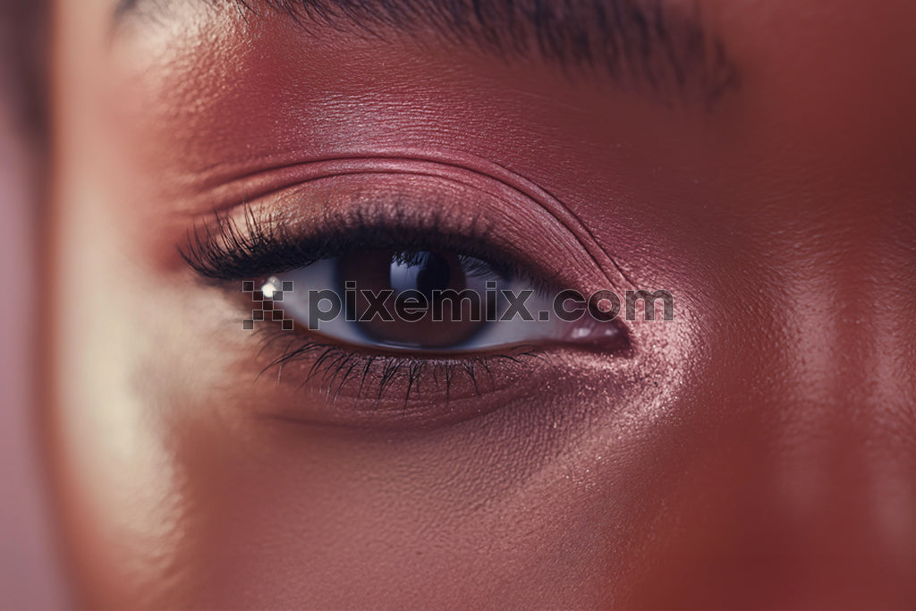 Close-up of a model’s eye with shimmering pink eyeshadow and flawless stock image.