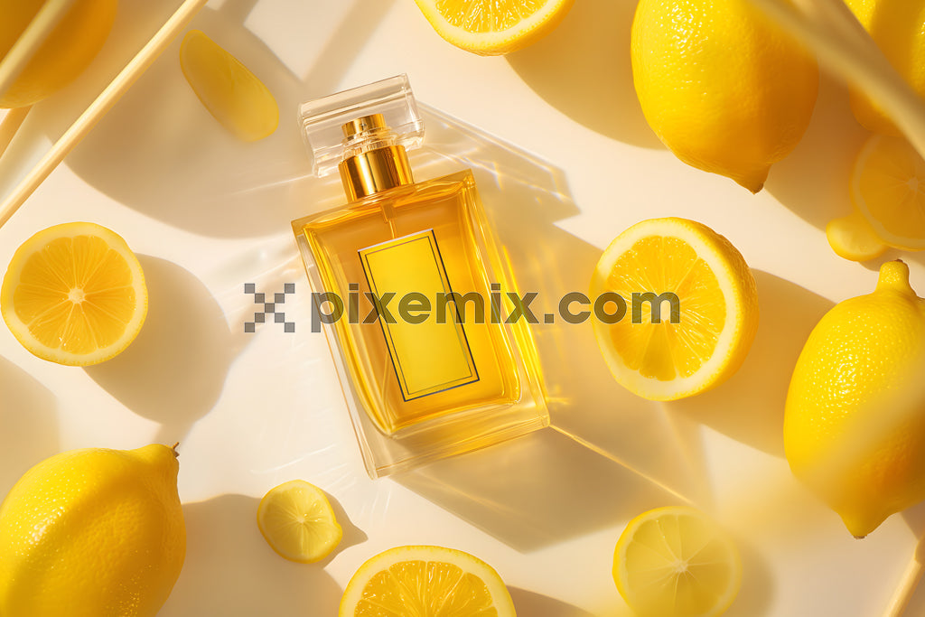Refreshing citrus perfume bottle surrounded by vibrant lemons in a sunny stock image.