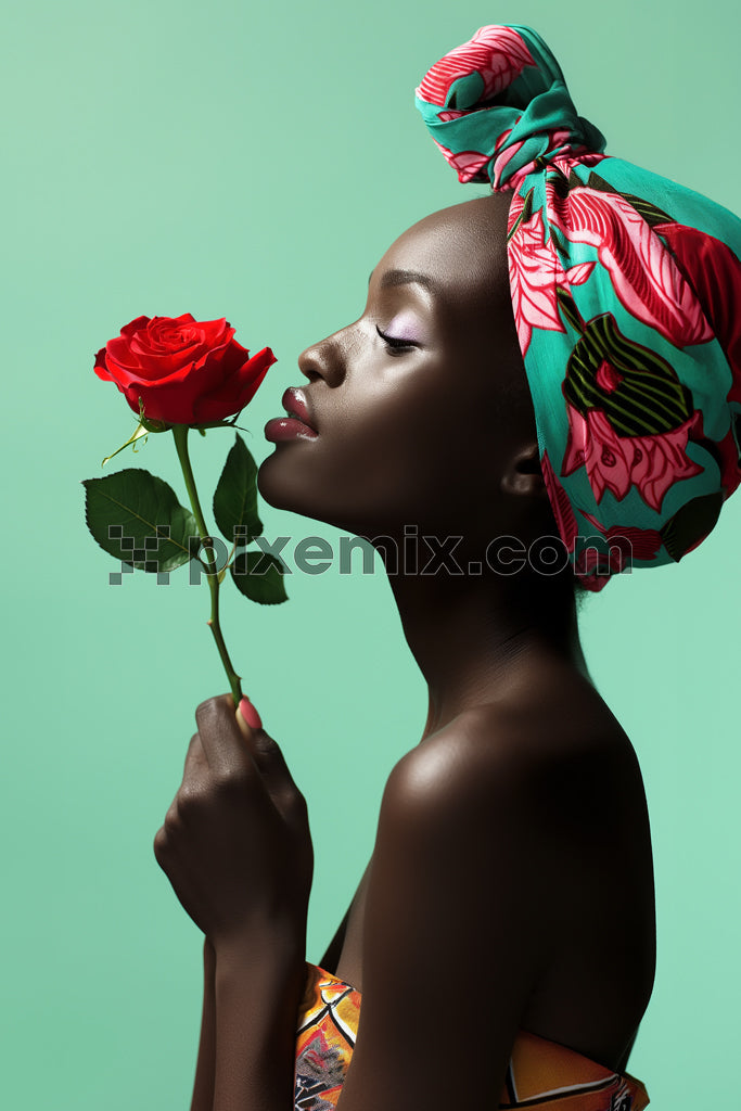An elegant woman with floral headwrap smelling a red rose on mint green background stock image.