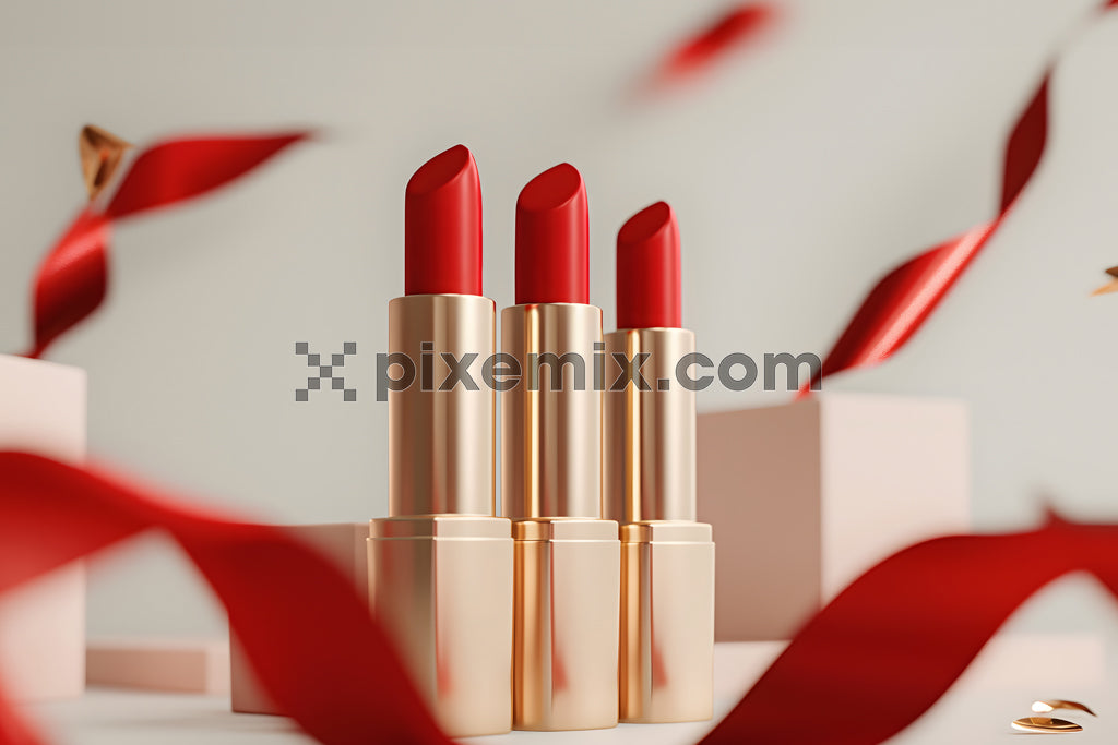 Luxury red lipsticks with golden casing and red ribbons stock image.