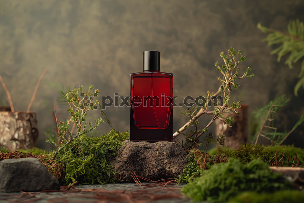 Elegant red perfume bottle displayed in a lush forest-inspired setting with moss and greenery stock image.