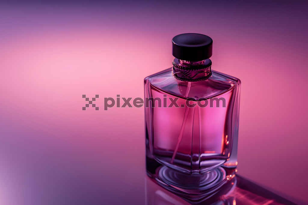 Luxurious pink perfume bottle with black cap in elegant lighting on purple and magenta background.