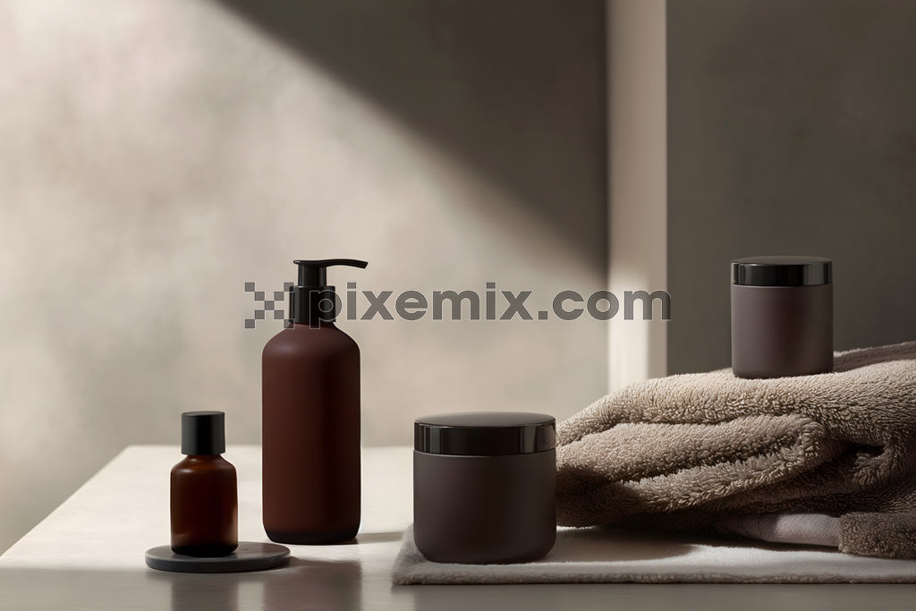 Minimalist skincare product set with brown packaging and towel on neutral bathroom counter under soft light.