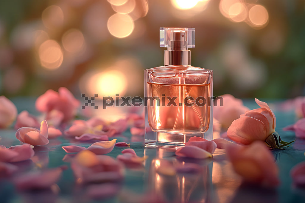 Elegant perfume bottle with rose petals and sunset bokeh stock image.