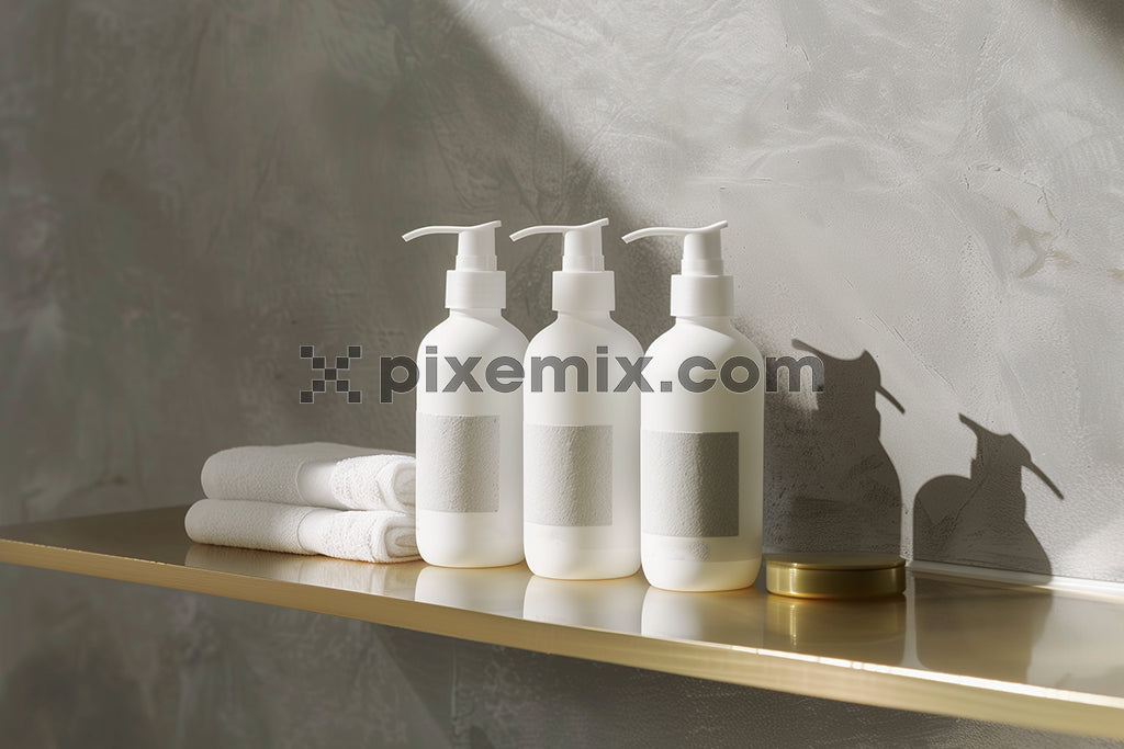 Minimalist skincare bottles and towels on golden shelf in modern bathroom with soft sunlight stock image.