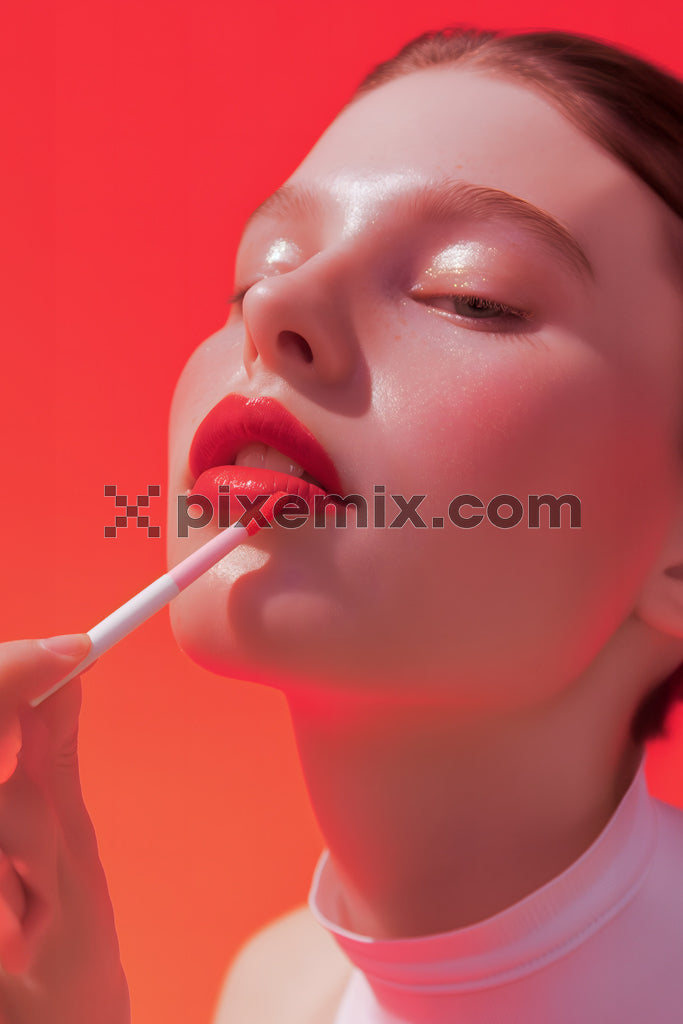 Bold red lipstick beauty shot with glossy skin and vibrant red background stock image.