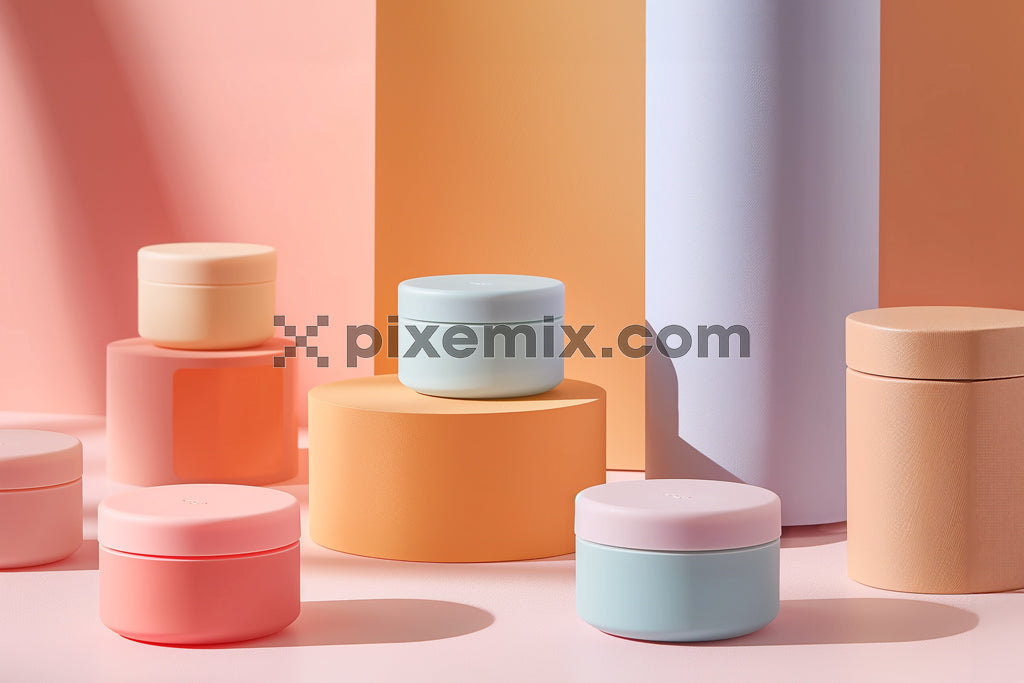 Colorful cosmetic jars arranged on pastel geometric pedestals in a modern, minimalist product display.
