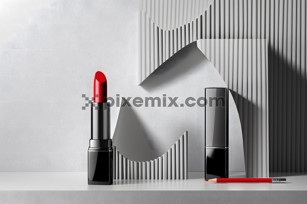 Red lipstick and pencil in modern gray setting with geometric cutouts and bold contrast stock image.