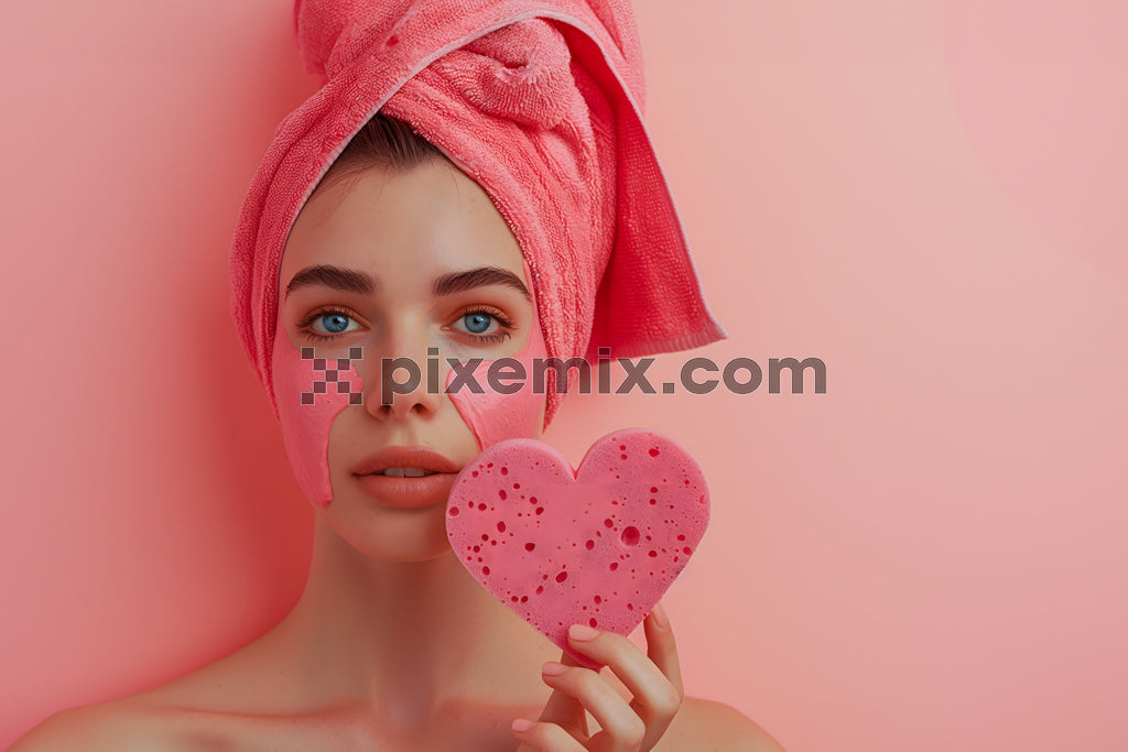 Woman with pink face mask and towel holding heart-shaped sponge on pastel pink background.