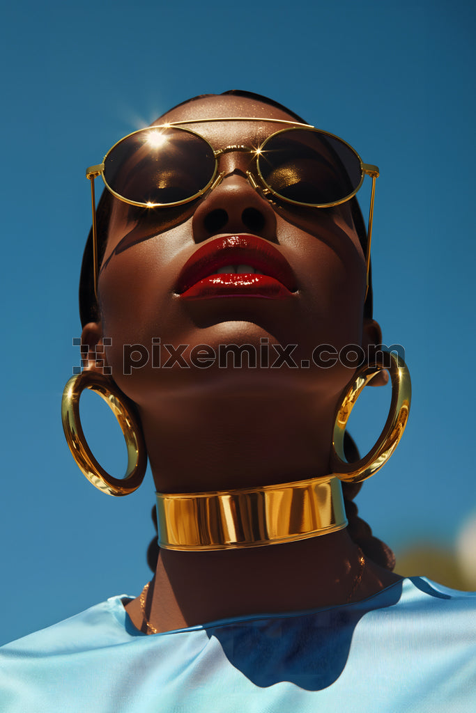 Stylish woman in gold accessories and sunglasses posing confidently under a clear blue sky.