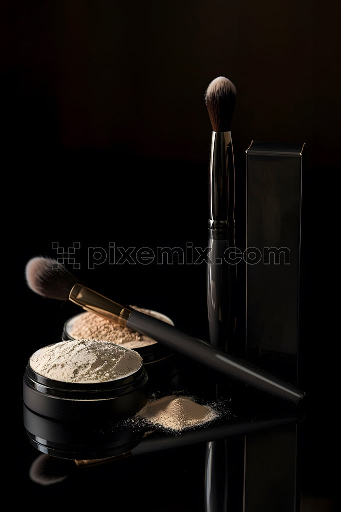 Luxury face powders and brushes on reflective black surface with dramatic studio lighting for beauty product shoot.