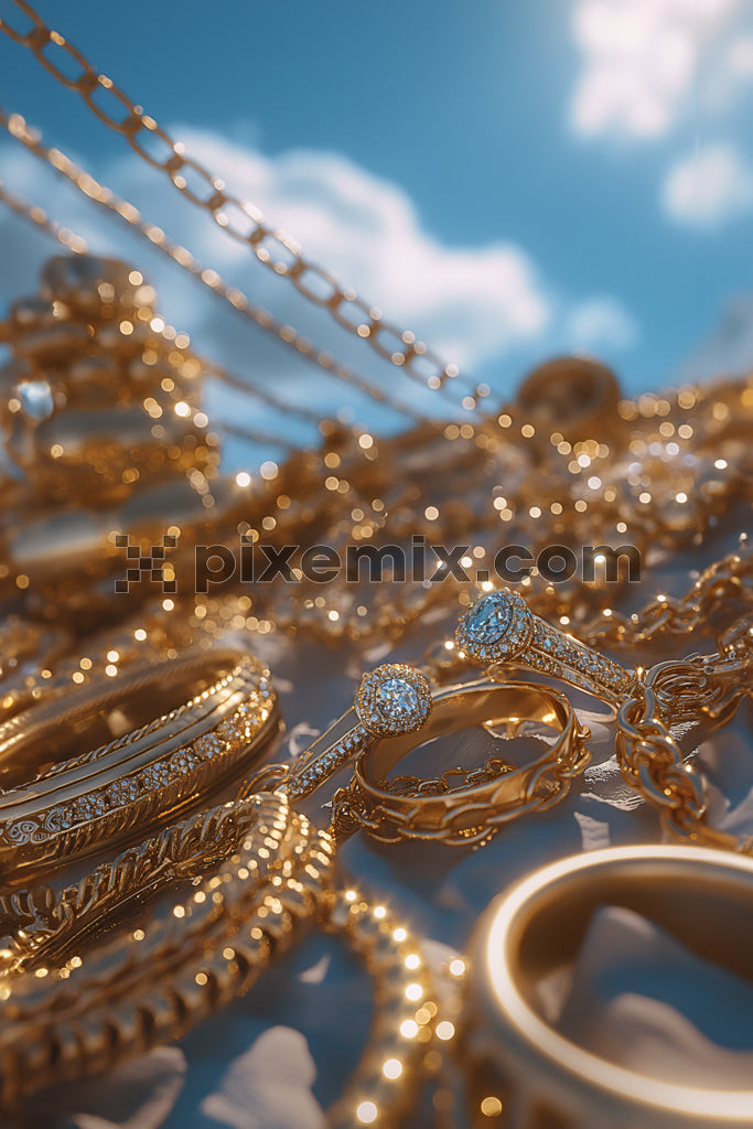Luxury gold jewelry rings and chains sparkling in sunlight with dreamy sky background.