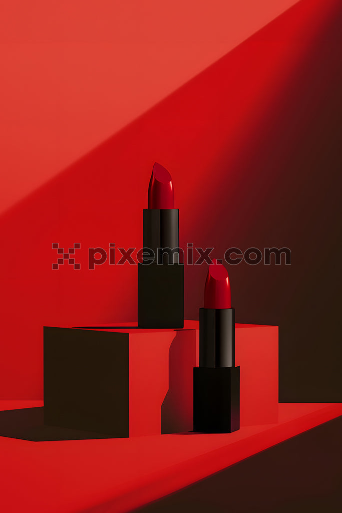 Elegant red lipsticks on a geometric red background stock image.
