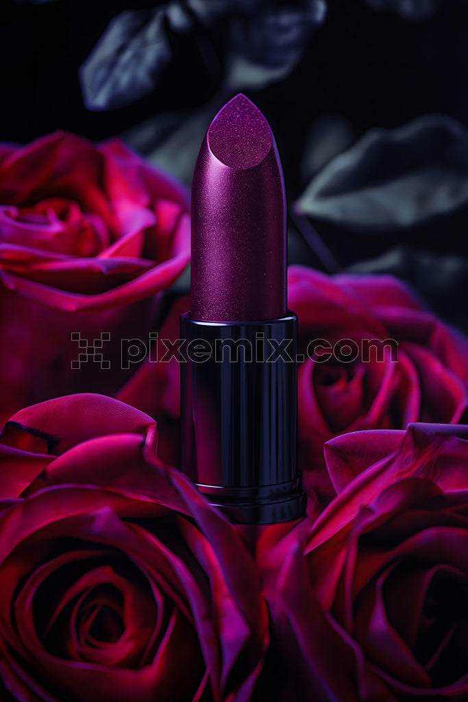 Luxurious plum lipstick surrounded by red roses in dramatic, romantic lighting for bold beauty vibes.