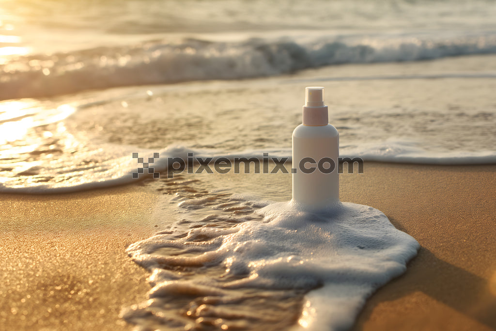 White cosmetic bottle on sandy beach with ocean foam under golden sunlight during sunset.