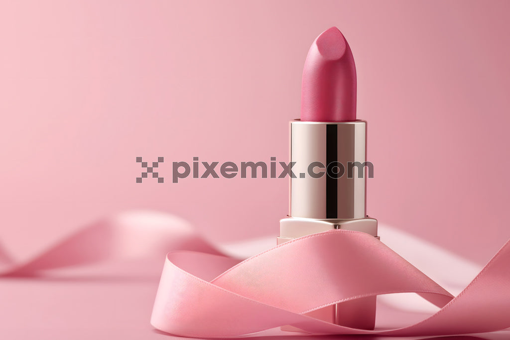 Elegant pink lipstick with satin ribbon on soft pastel background stock image.