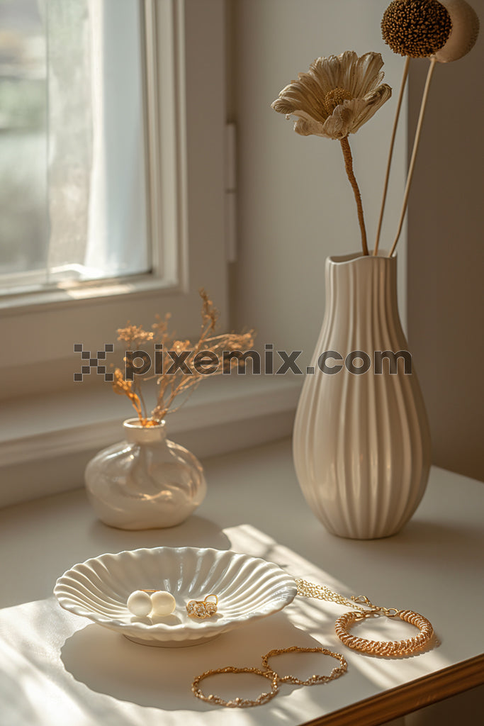 Elegant gold jewelry and ceramic decor styled on sunlit table by a cozy window stock image.