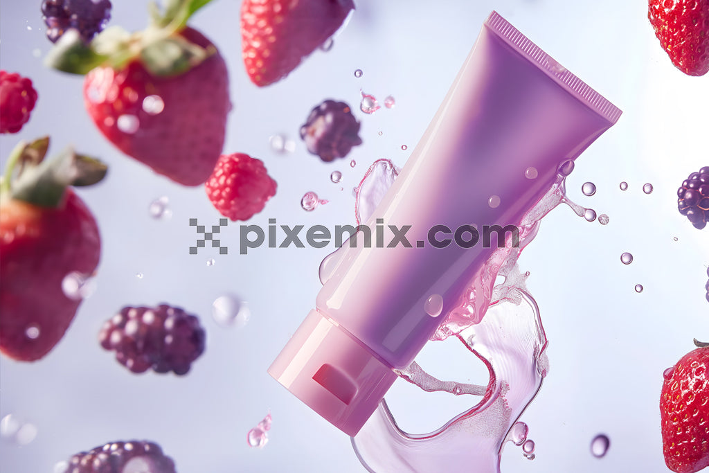 Berry-infused cosmetic cream with splash and fruit elements in a vibrant and refreshing stock image.