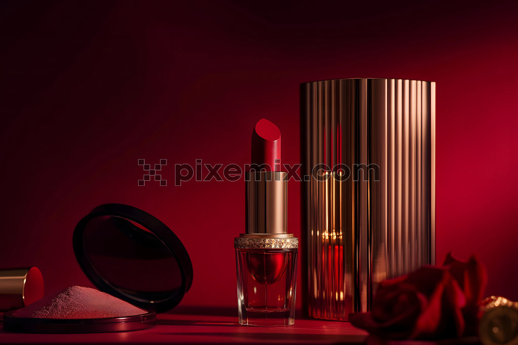 Luxury red lipstick with golden packaging surrounded by makeup powder and red roses on a deep background.