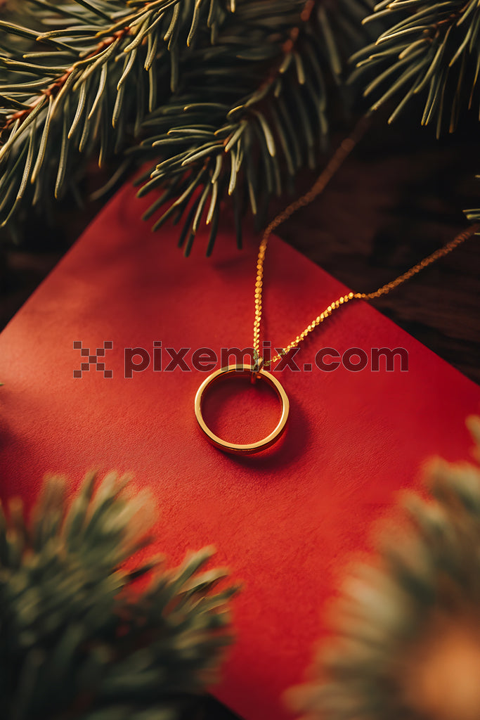 Elegant gold ring necklace on red background with festive pine branches stock image.