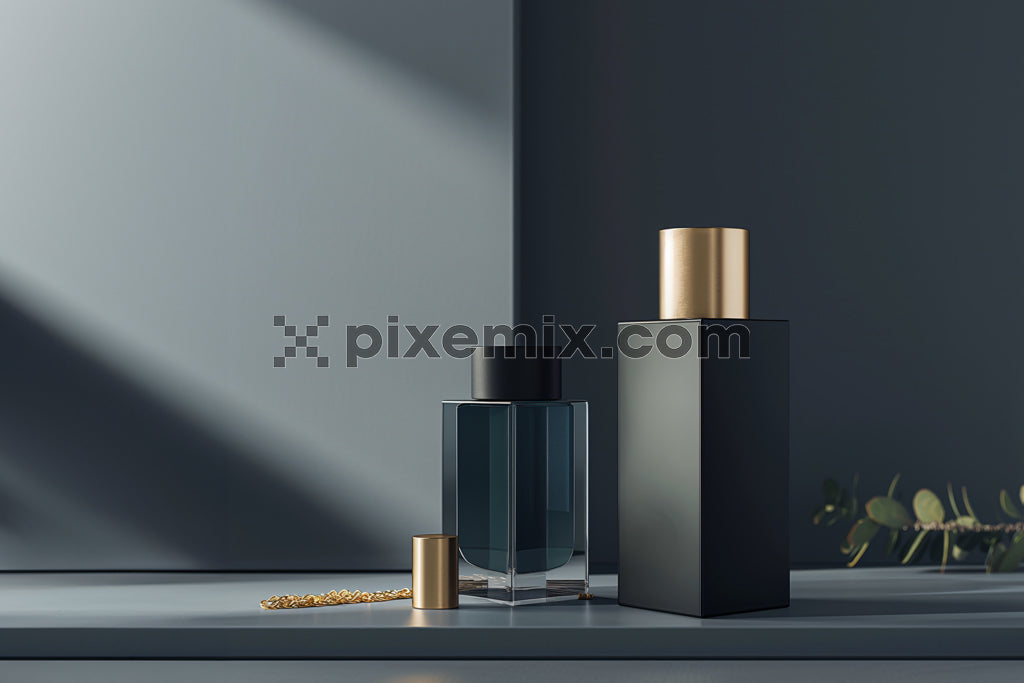 Elegant black and gold perfume bottles with chain necklace in minimalist luxury setting.