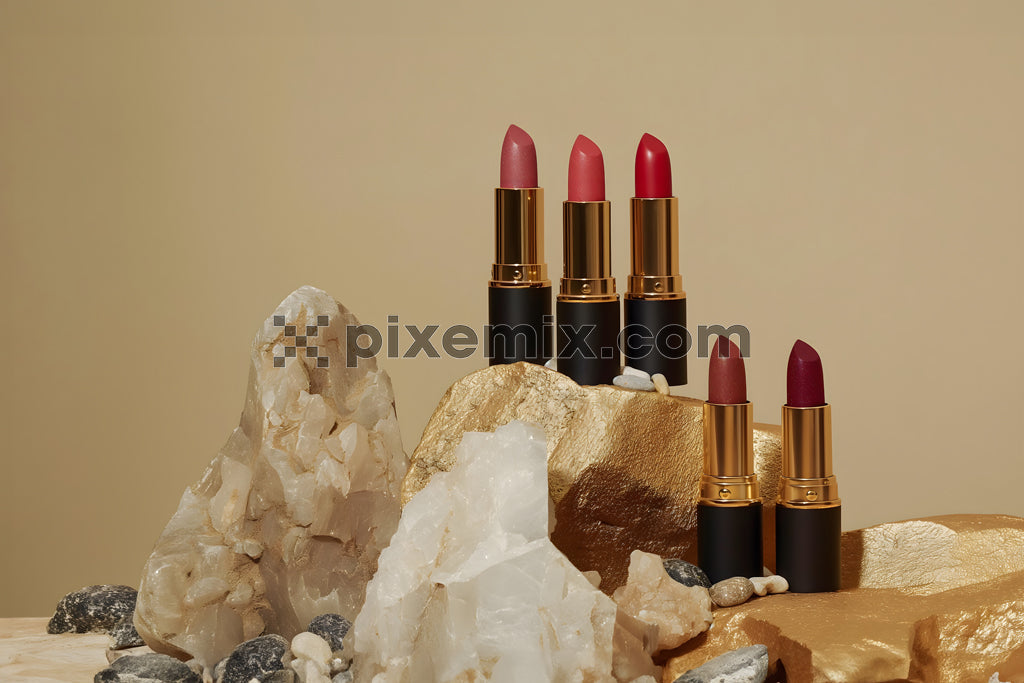 Minimalistic beauty product shoot, luxury lipsticks displayed on gold and crystal rocks in a chic.