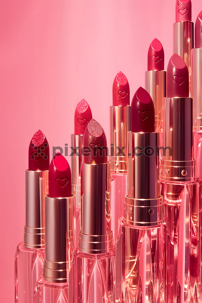 Vibrant red and pink heart-embossed lipsticks in rose gold tubes on crystal acrylic stands.