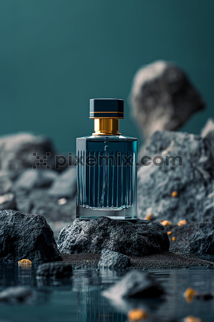 Luxury men's cologne bottle on volcanic rocks with an earthy, high-end editorial atmosphere.