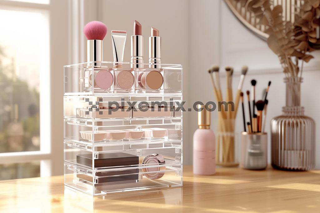 Elegant acrylic makeup organizer with lipsticks and brushes on a sunlit vanity table stock image.