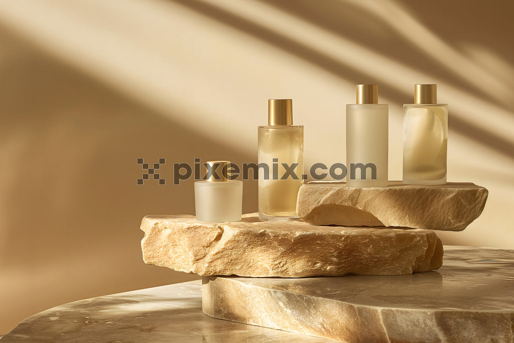 Minimalist luxury skincare bottles on stone slabs with golden sunlight and earthy aesthetic background.
