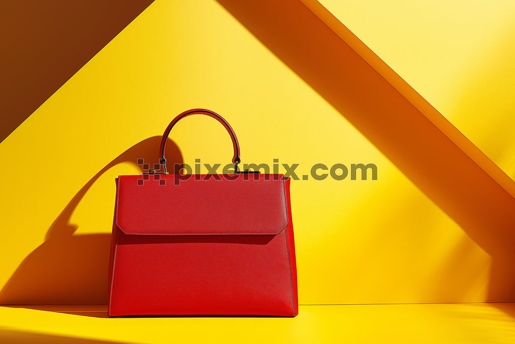 Stylish red handbag on vibrant yellow background with bold shadows and modern minimalist composition.