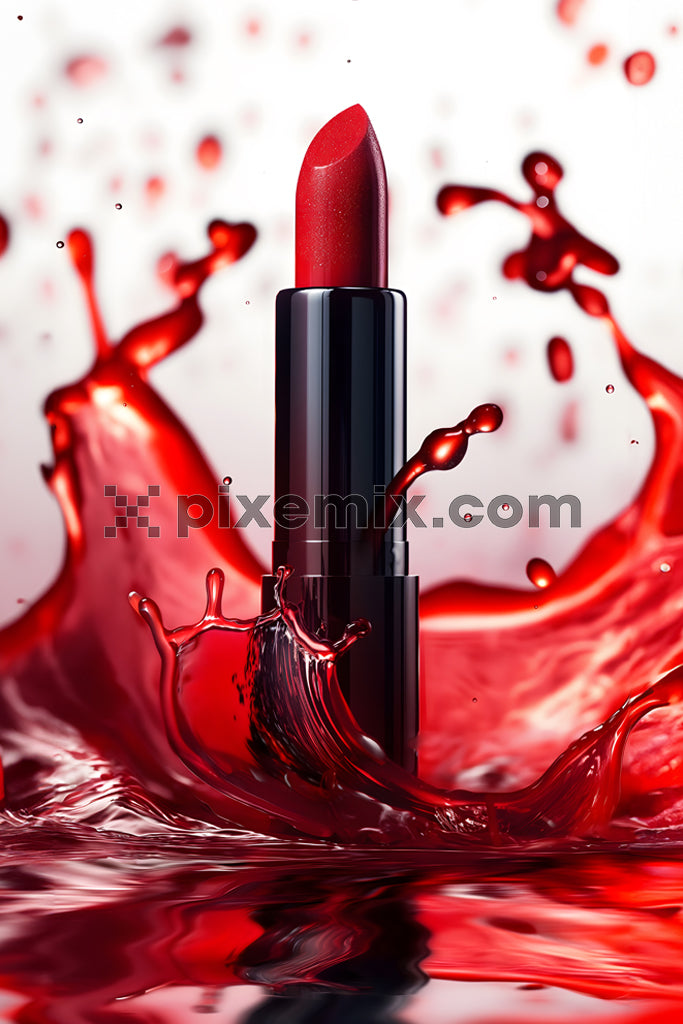 Vibrant red lipstick with dramatic splash effect and glossy black tube in beauty product.