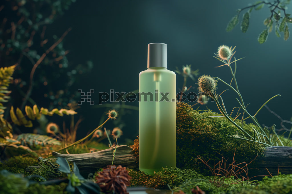 Green cosmetic bottle in lush forest setting with natural lighting and earthy botanical elements.