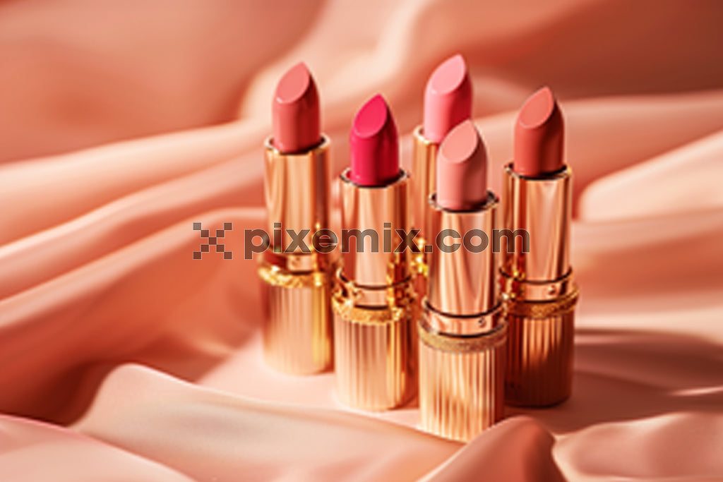 Luxurious gold lipstick collection in pink and nude tones on satin background stock image.
