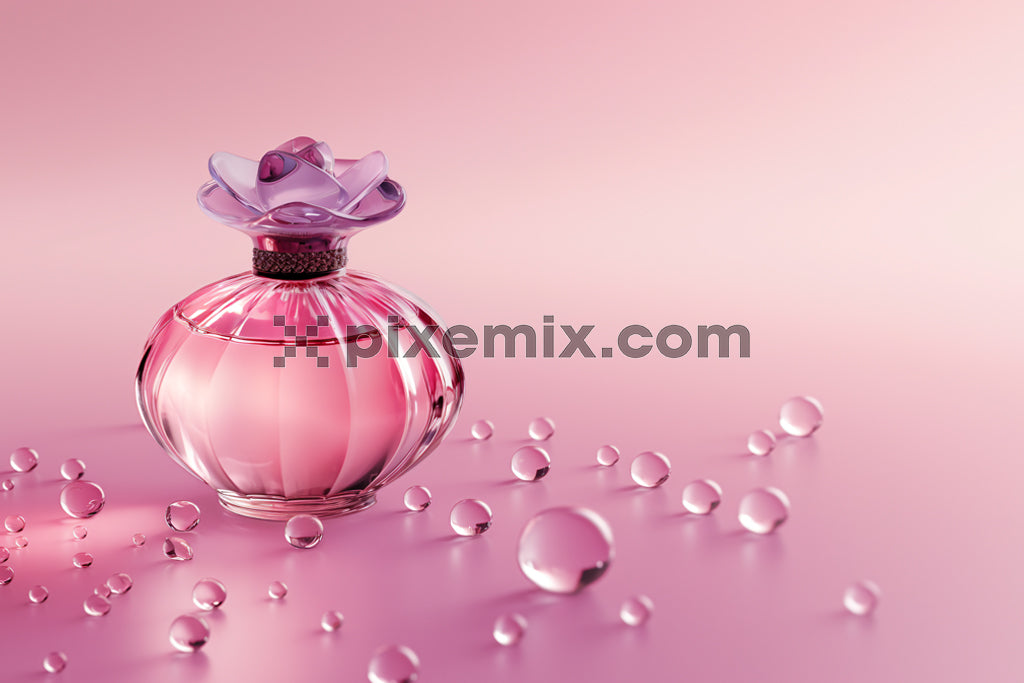 Elegant pink perfume bottle with floral cap design and water droplets on pastel background.