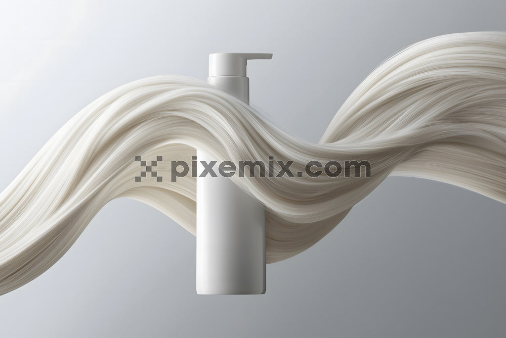 Minimalist shampoo bottle design with flowing platinum blonde hair against a soft gray gradient background.