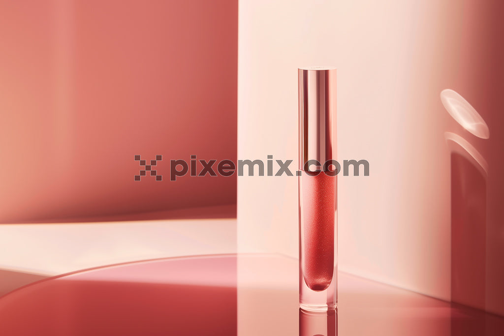 Elegant rose gold lip gloss standing on a reflective pink surface in a minimalist luxury setting.