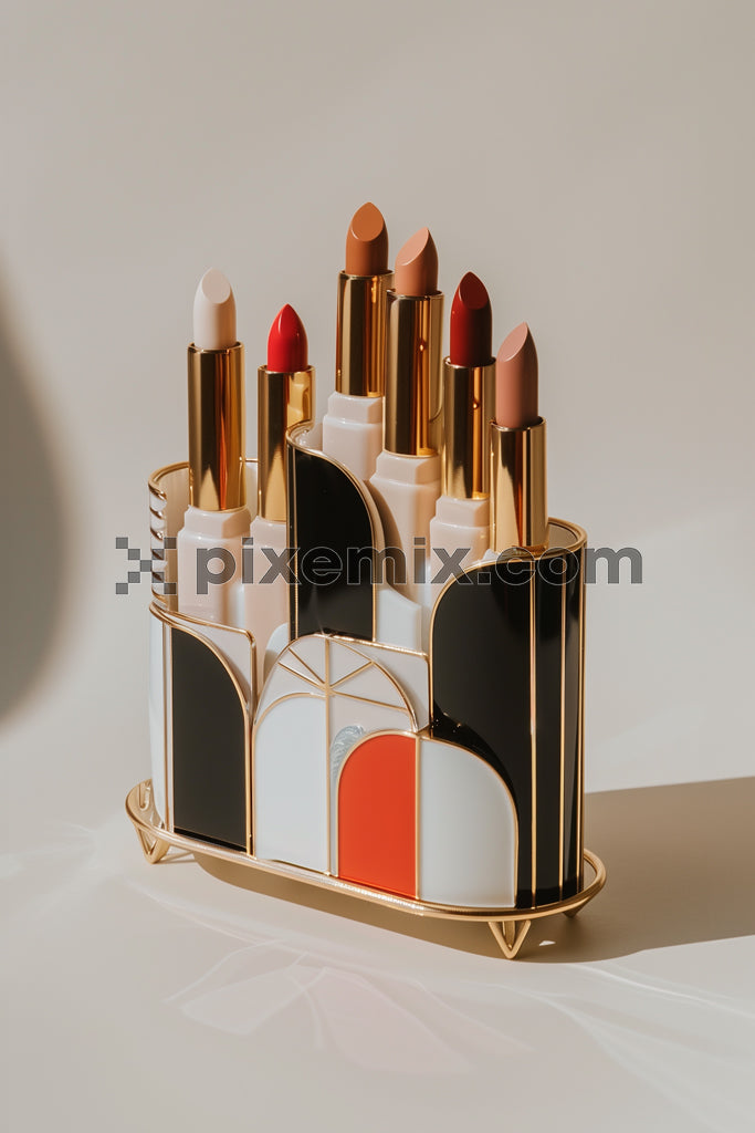 Luxury lipstick set in architectural-inspired case with elegant design and warm studio lighting setup.