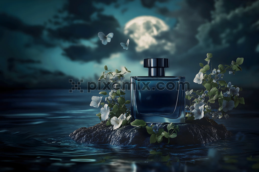 Mystical nighttime product concept luxury perfume bottle on moonlit water with flowers and butterflies stock image.