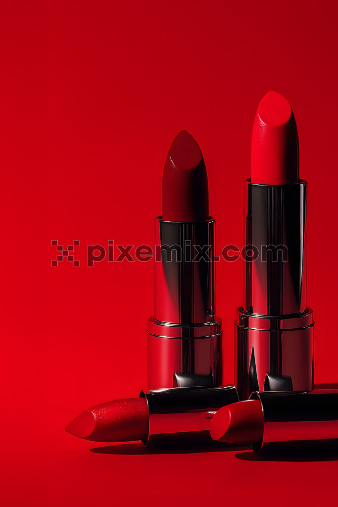 Luxury red lipsticks displayed on vibrant red background in elegant beauty and cosmetic product shoot.