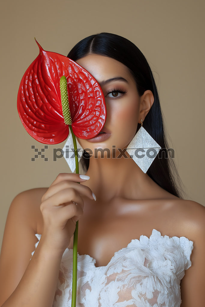 Stylish woman holding red anthurium flower in front of face wearing elegant white floral dress.