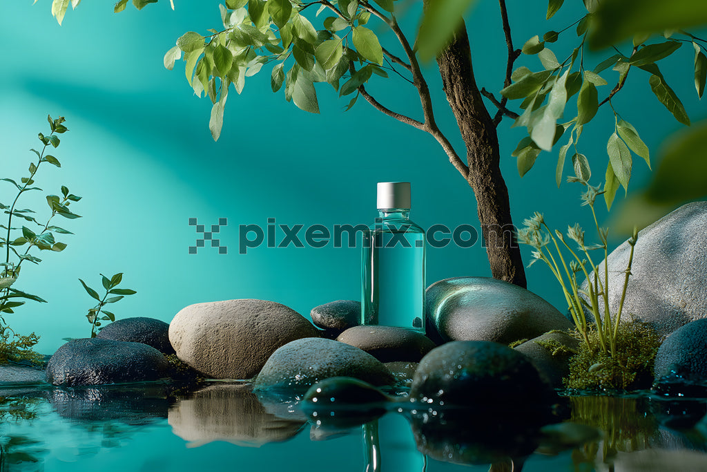 Blue cosmetic bottle in a natural spa-inspired setting with stones, plants, and calm water.