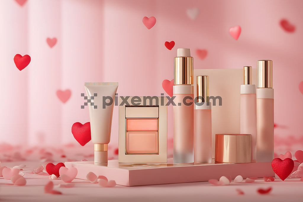Romantic-themed luxury skincare and beauty product display with pink background.