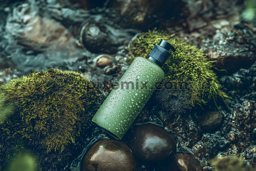 Natural green cosmetic bottle with water drops on mossy rocks near stream in forest setting.
