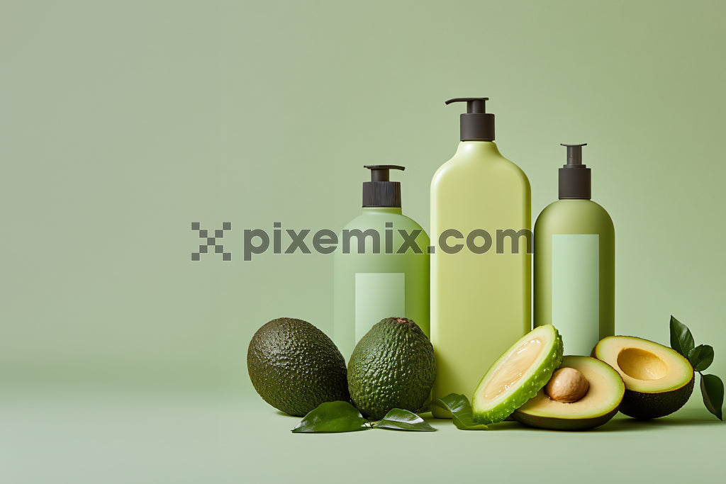 Skincare products in eco-friendly bottles with fresh avocados on green background.