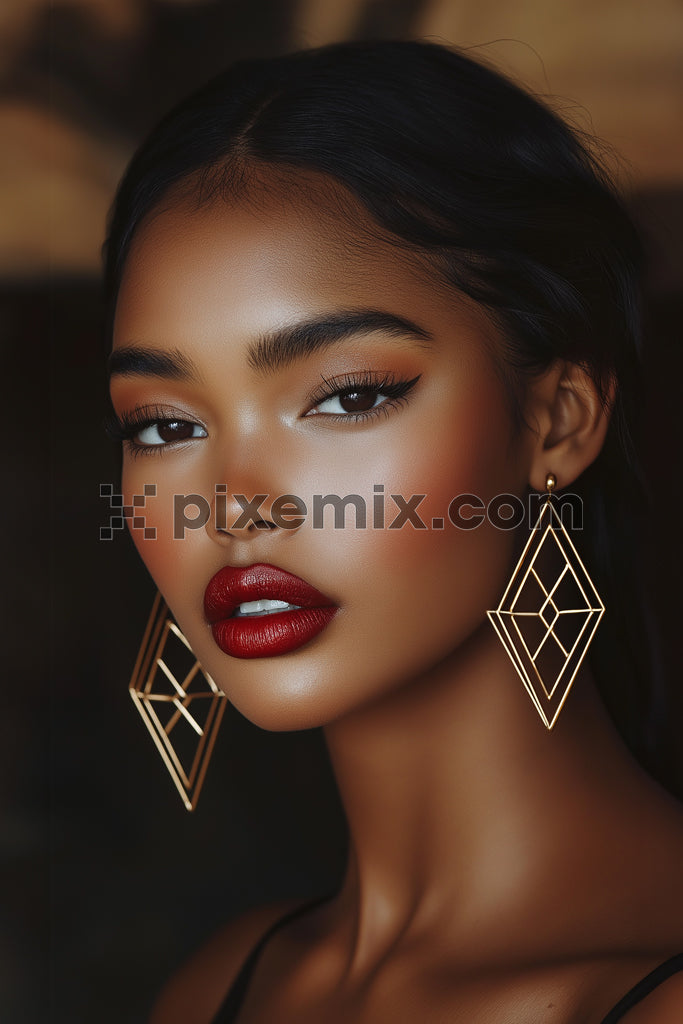 Elegant woman with bold red lipstick and geometric earrings in a dramatic beauty portrait.