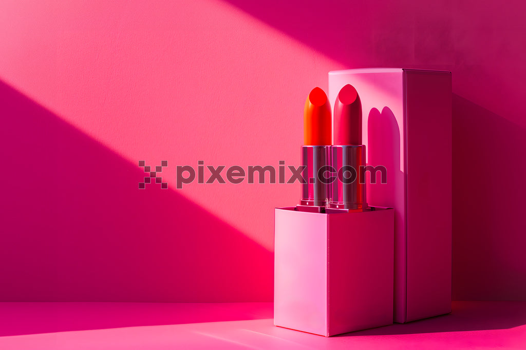 Two vibrant lipsticks in pink packaging with dramatic lighting and bold pink background.