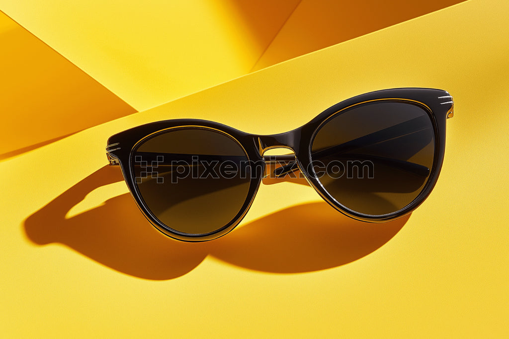 Stylish black cat-eye sunglasses on yellow background.