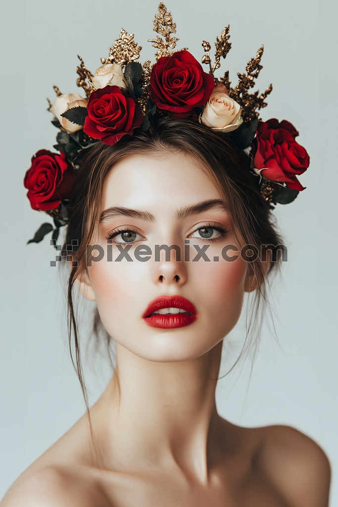 Glamorous woman with rose and gold crown showcasing bold red lips and ethereal beauty stock image.